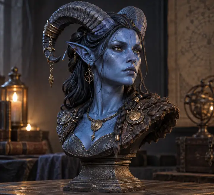 A blue horned fantasy bust rendered as a detailed sculptural 3D model.