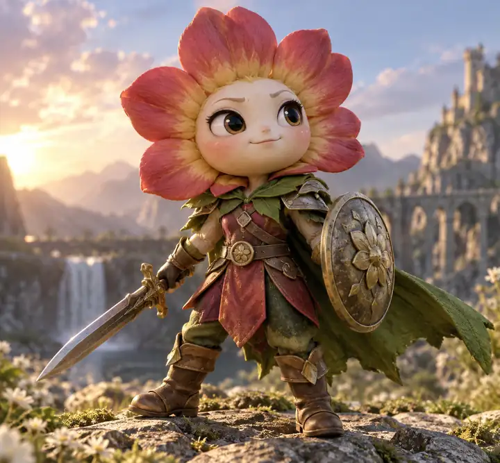 A small flower-headed warrior rendered as a colorful 3D character.
