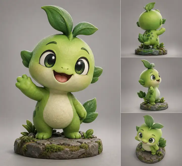 A whimsical green mascot rendered as a compact 3D model on a neutral studio background.