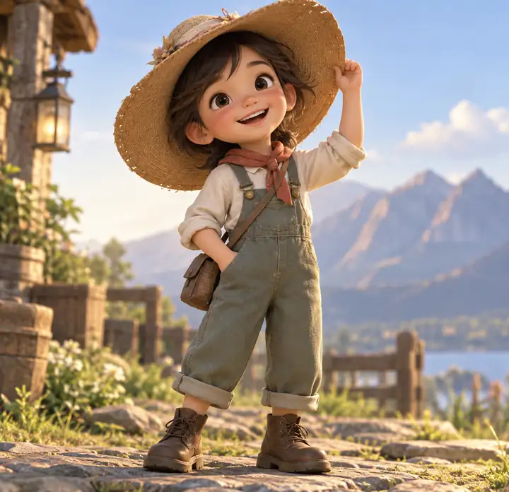 A cheerful child character in a wide hat rendered as a stylized 3D model.