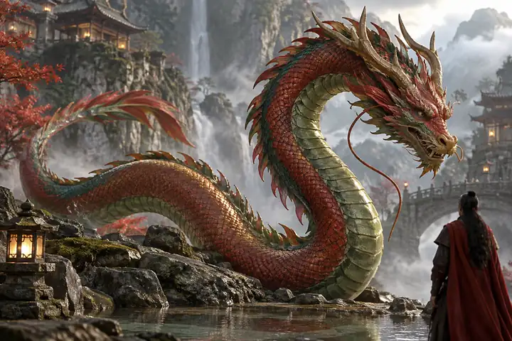 A long red and green fantasy serpent rendered as a detailed 3D character.