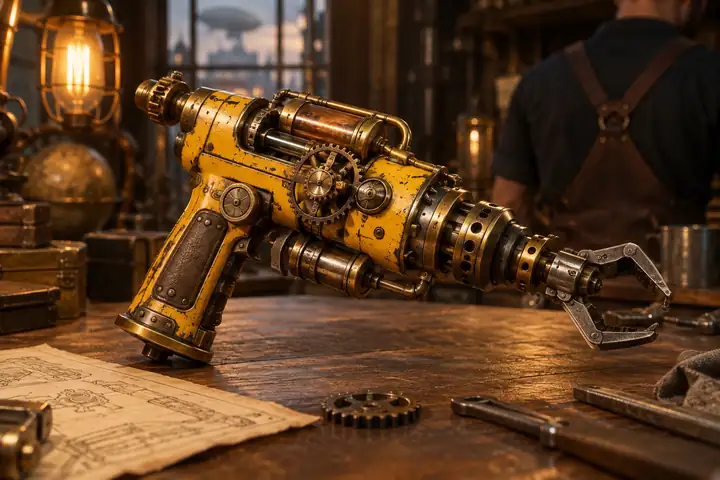 A yellow and brass steampunk tool rendered as a detailed 3D prop.