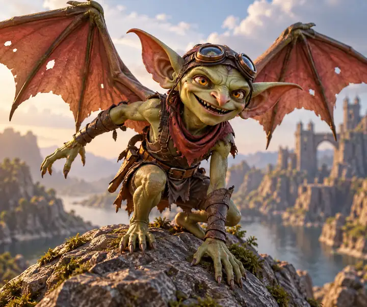 A winged goblin creature rendered as a colorful stylized 3D model.