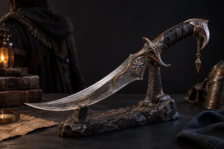 A fantasy curved dagger displayed as a detailed 3D prop on a dark studio background.