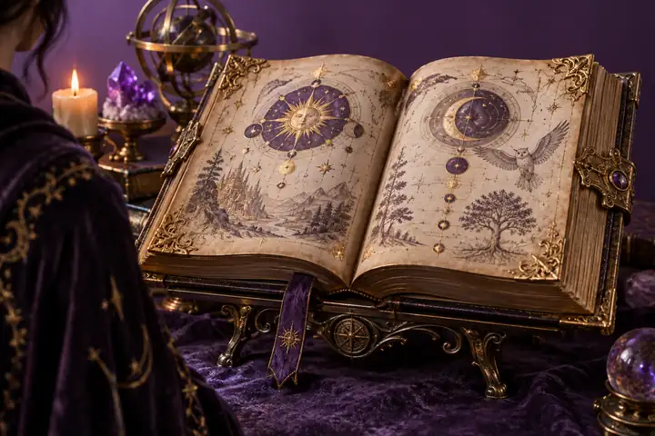 An open magic book with gold details displayed as a detailed 3D prop on a violet background.