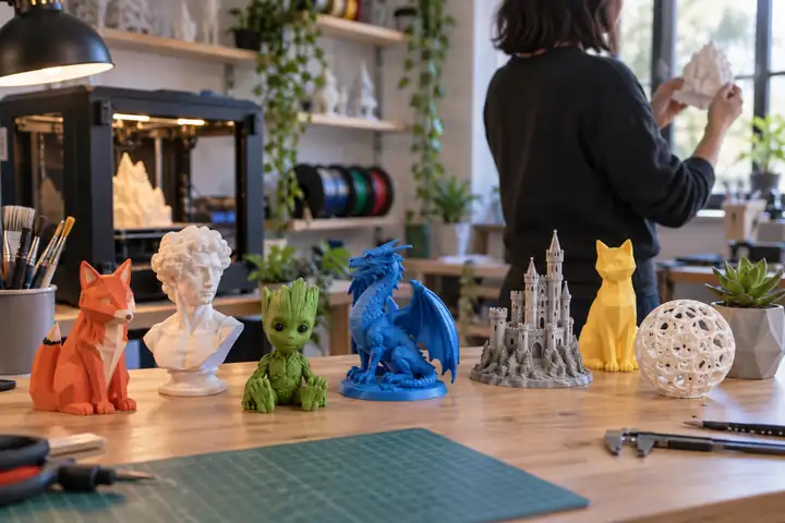A collection of colorful small printable sculptures arranged on a clean workshop table.