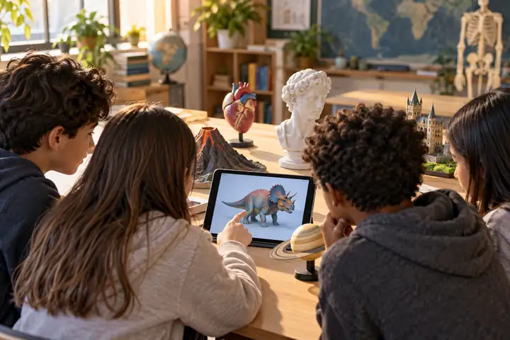 Students gathered around a tablet exploring colorful educational 3D models in a classroom.