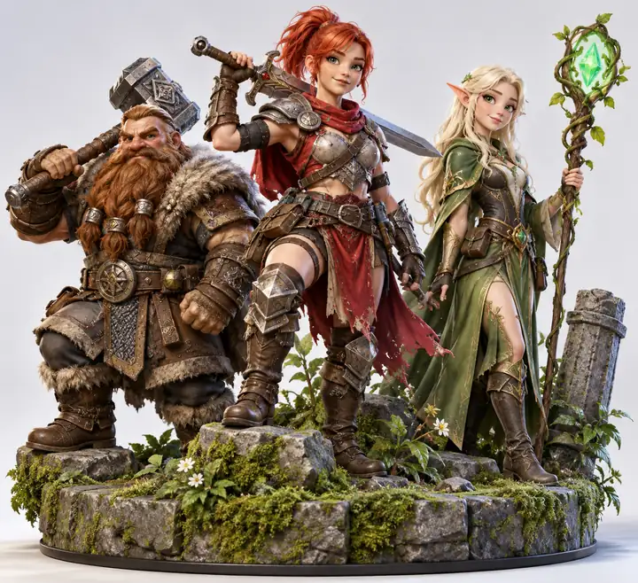 Three colorful fantasy game characters posed together on a small mossy platform in a bright studio scene.