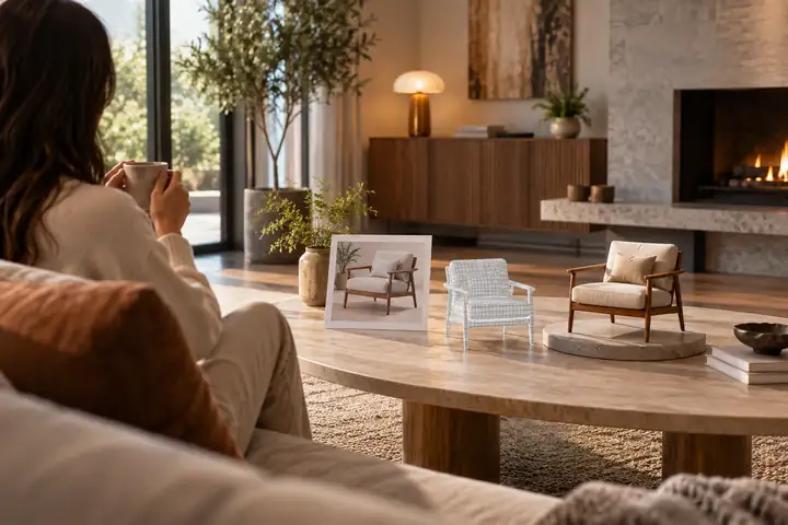 A warm contemporary living room shown as a polished interior design visualization.